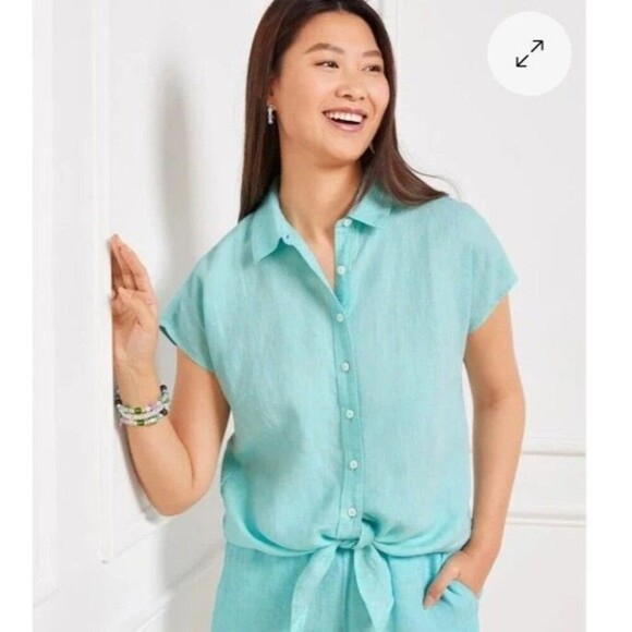 Talbot Women's Beach Summer Travel Linen Tie Hem Button Front Top Cross Dye Sz L - Picture 1 of 9